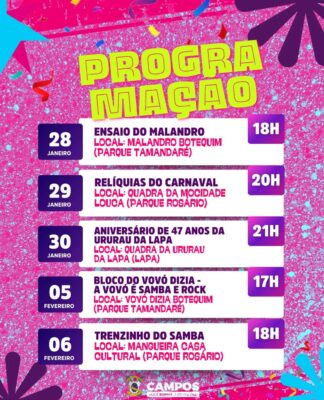 Carnaval 2026 – Programação dos blocos e rodas de samba – Campos
